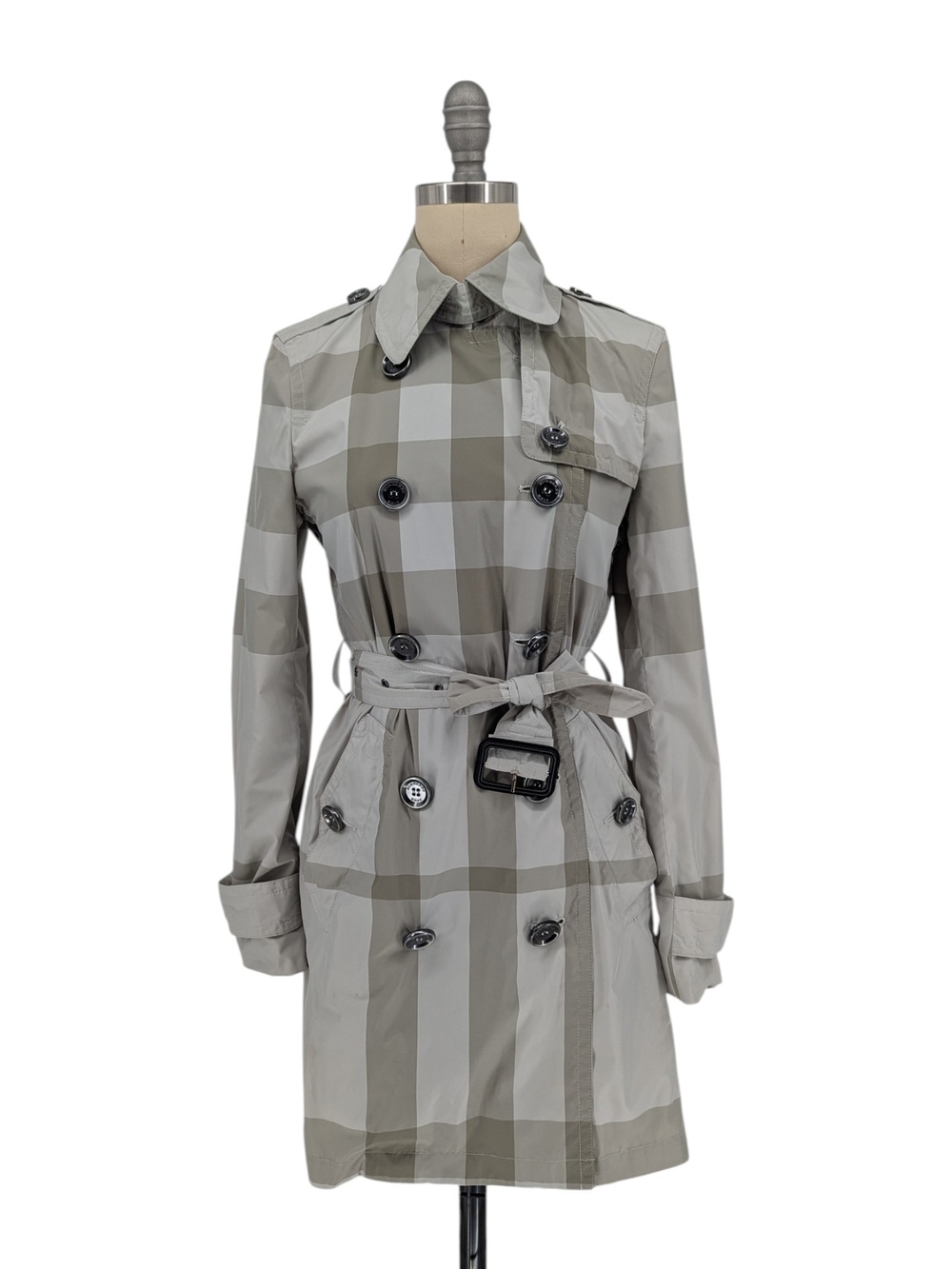 Burberry Nova Check Nylon Trench Rain Jacket Gray size 4P luxury classic preppy